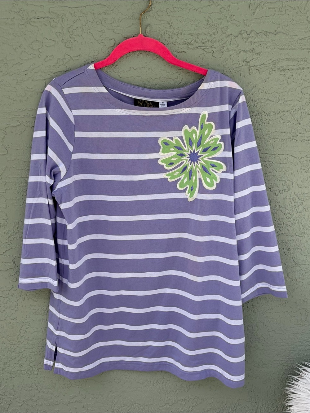 Bob Mackie Lavender and White Striped Long Sleeve with Green Floral Accent Sz M